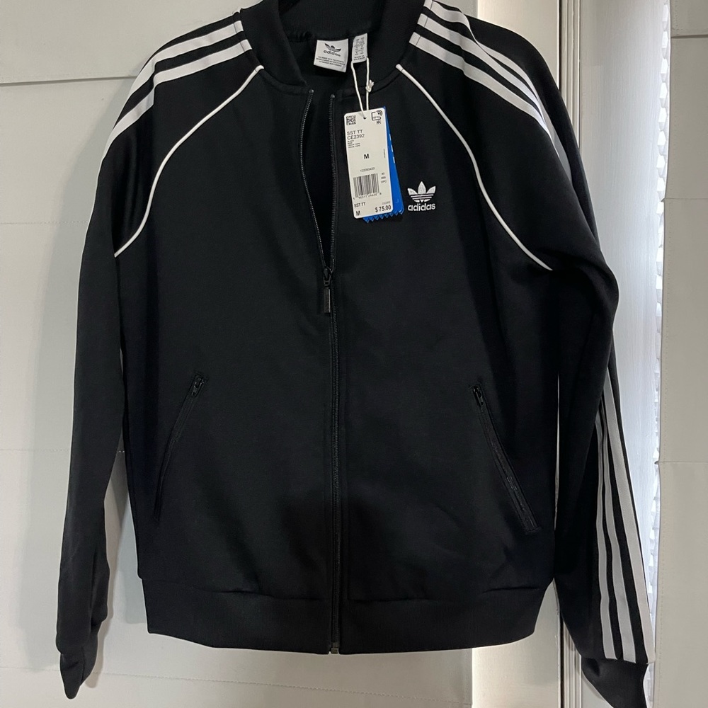 Brand new Adidas jacket with tags black with white stripes